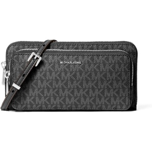 Michael Kors Women’s Jet Set Continental Crossbody Wallet(Silver-tone Hardware/Tonal Mk Signature Coated Twill/Black)