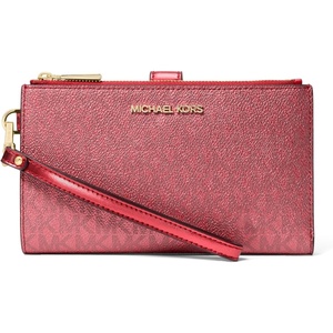 Michael Kors Women’s Jet Set Double Zip Wristlet(Gold-tone Hardware/Metallic Mk Signature/Crimson)