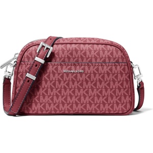 Michael Kors Women’s Jet Set Small Camera Crossbody(Silver-tone Hardware/Tonal Mk Signature Coated Twill/Oxblood)