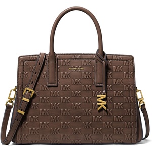 Michael Kors Women’s Laila Medium Satchel(Antique Gold-tone Hardware/Mk Debossed Burnished Logo Leather/Chocolate)
