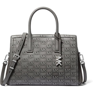 Michael Kors Women’s Laila Medium Satchel(Nickel-tone Hardware/Mk Debossed Burnished Logo Leather/Storm)