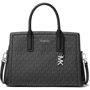 Michael Kors Women’s Laila Medium Satchel(Silver-tone Hardware/Tonal Mk Signature Coated Twill/Black)