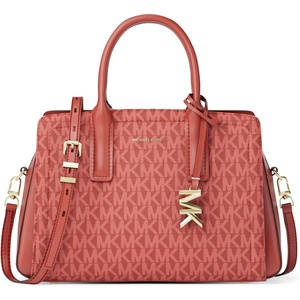 Michael Kors Women’s Laila Small Satchel(Gold-tone Hardware/Tonal Mk Signature Coated Twill/Crimson Multi)