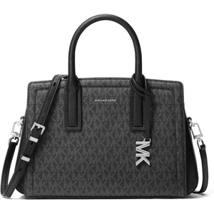 Michael Kors Women’s Laila Small Satchel(Silver-tone Hardware/Tonal Mk Signature Coated Twill/Black)