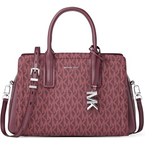 Michael Kors Women’s Laila Small Satchel(Silver-tone Hardware/Tonal Mk Signature Coated Twill/Oxblood)