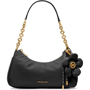 Michael Kors Women’s Nolita Medium Chain Pouchette Bag(Nylon/Black/Flower Charm)