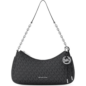 Michael Kors Women’s Nolita Medium Chain Pouchette Bag(Silver-tone Hardware/Signature Coated Twill/Black)