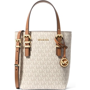 Michael Kors Women’s Quinn Extra Small Tote Crossbody Bag(Gold-tone Hardware/Mk Signature Coated Twill/Vanilla/Acorn)