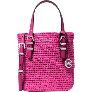 Michael Kors Women’s Quinn Extra Small Tote Crossbody Bag(Silver-tone Hardware/Straw/Raspberry)