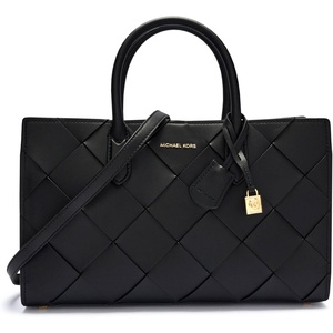Michael Kors Women’s Scarlett Medium Satchel(Gold-tone Hardware/Woven Leather/Black)