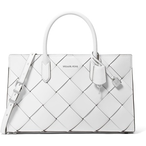 Michael Kors Women’s Scarlett Medium Satchel(Silver-tone Hardware/Woven Leather/Optic White)