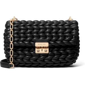Michael Kors Women’s Tribeca Large Convertible Chain Shoulder Bag(Gold-tone Hardware/All Over Woven/Black)