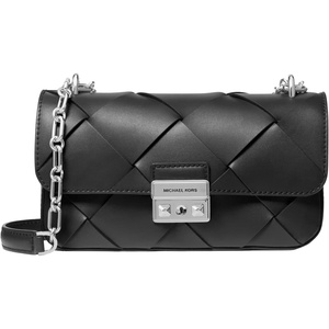 Michael Kors Womens Tribeca Small Convertible Chain Shoulder Bag(Silver-tone Hardware/Woven Leather/Black)