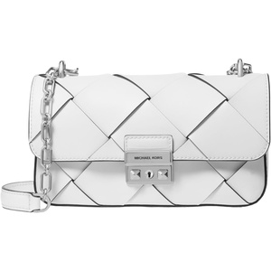 Michael Kors Womens Tribeca Small Convertible Chain Shoulder Bag(Silver-tone Hardware/Woven Leather/Optic White)
