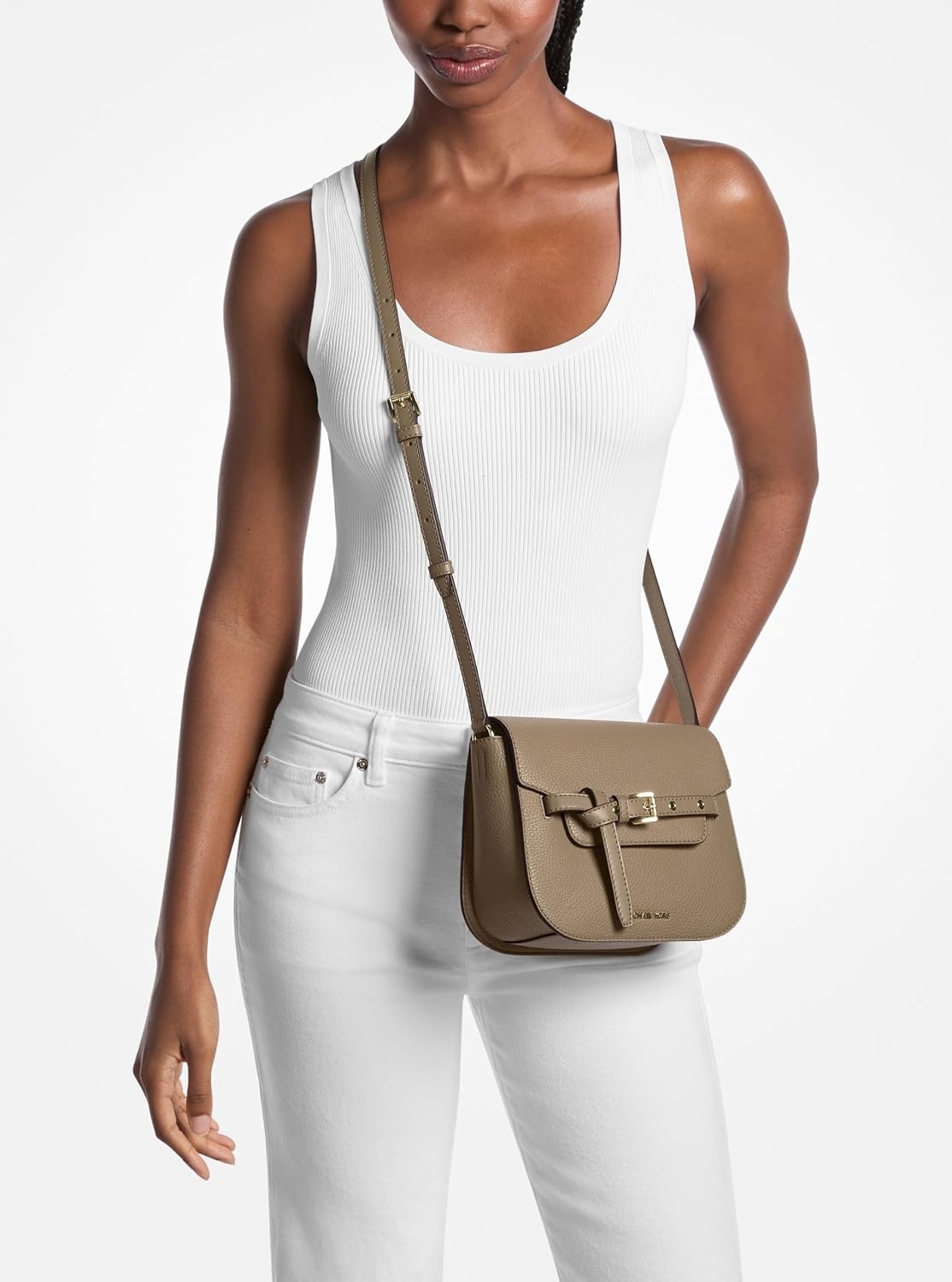 image:imageMichael Kors Emilia Small Saddle Crossbody BagGoldtone HardwareMetallic Pebble Embossed LeatherHusk