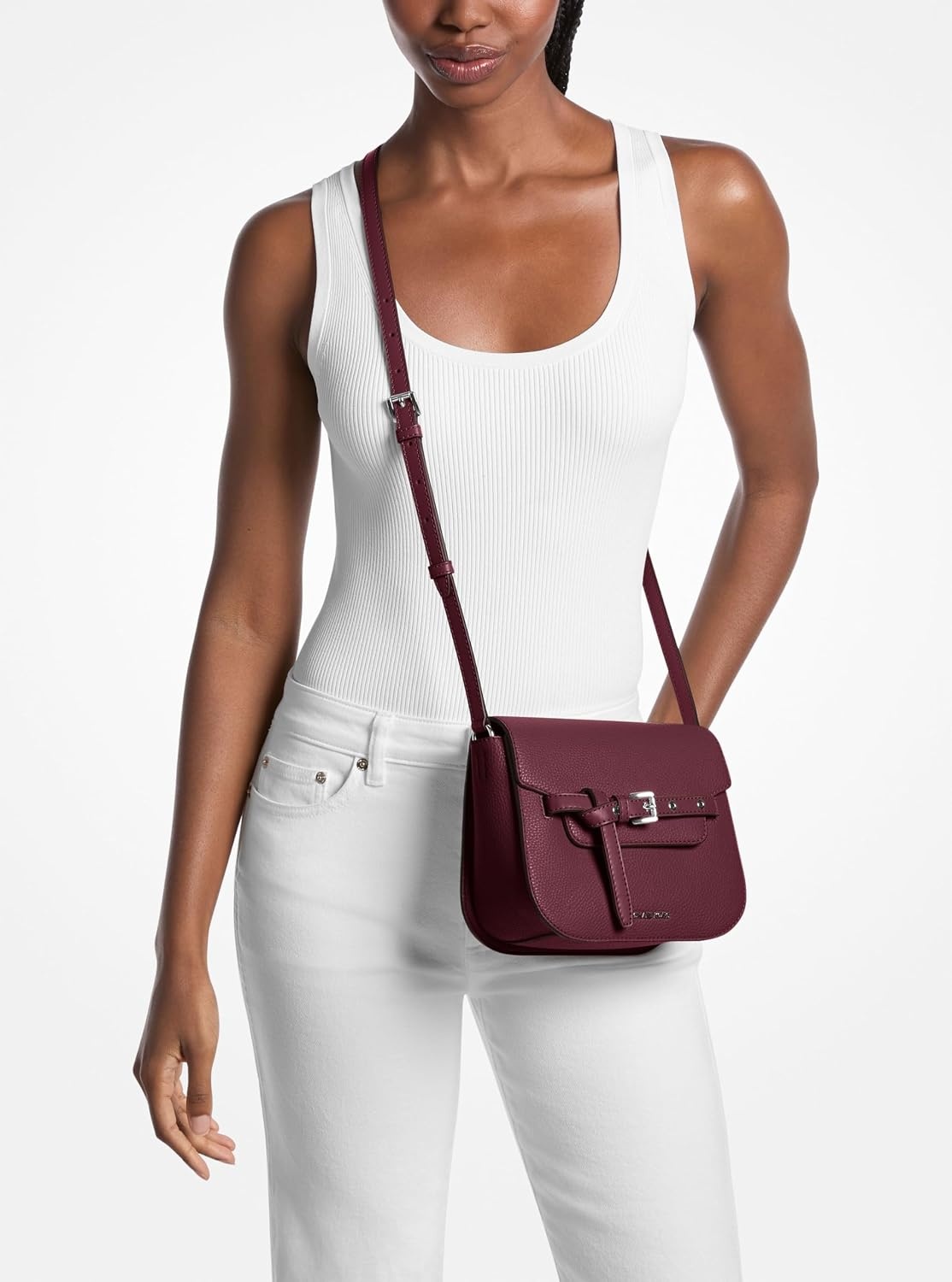 image:imageMichael Kors Emilia Small Saddle Crossbody BagSilvertone HardwarePebble LeatherOxblood