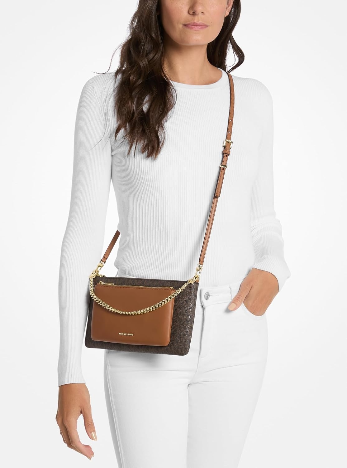 image:imageMichael Kors Jet Set Medium Pocket Convertible Crossbody BagGoldtone HardwareMk Signature Coated TwillBrownAcorn