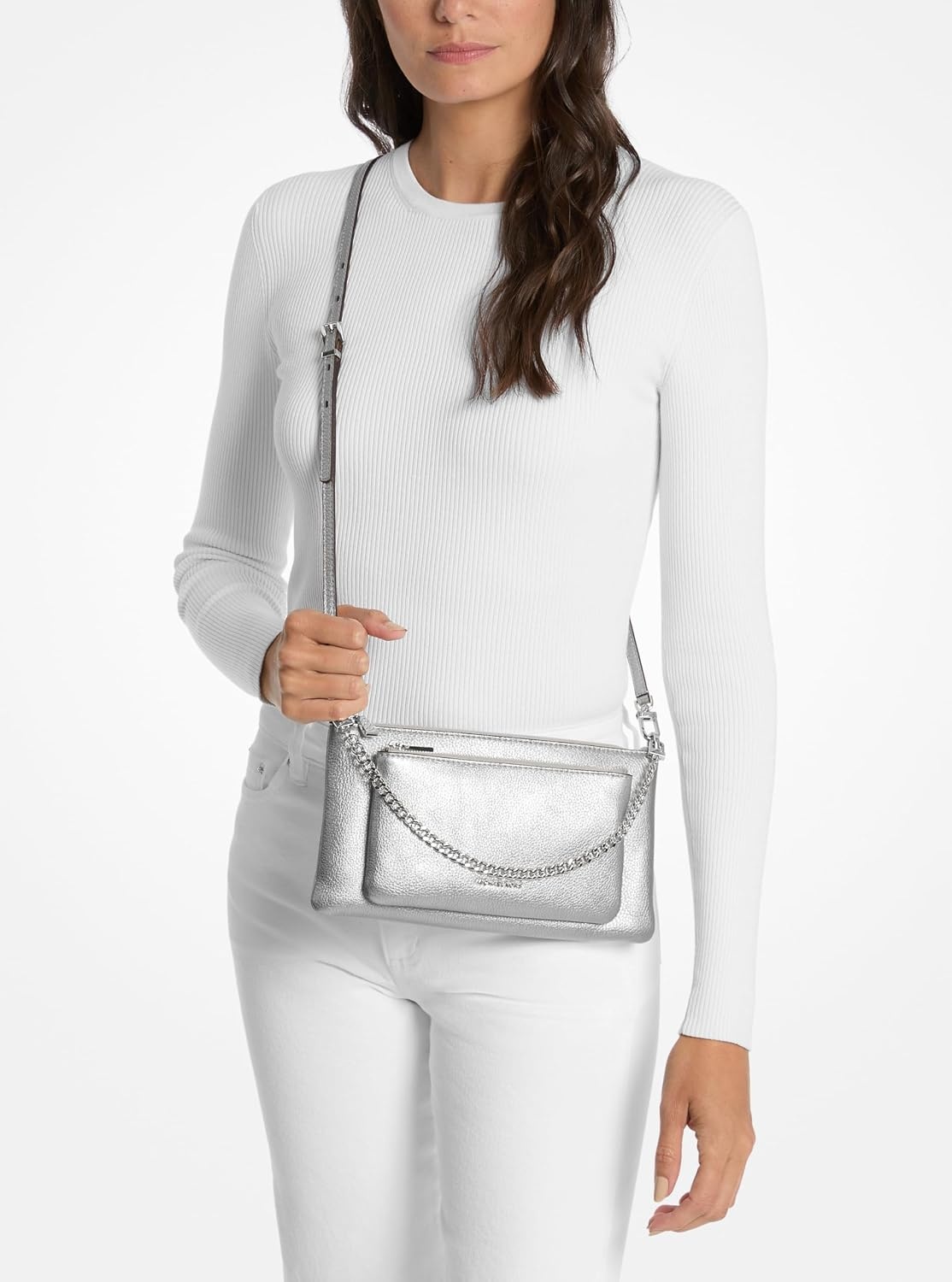 image:imageMichael Kors Jet Set Medium Pocket Convertible Crossbody BagSilvertone HardwareMetallic Pebble Embossed LeatherSilver