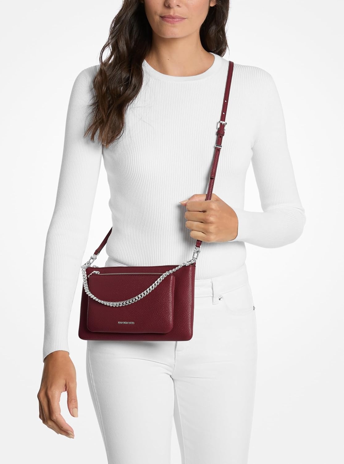 image:imageMichael Kors Jet Set Medium Pocket Convertible Crossbody BagSilvertone HardwarePebble LeatherOxblood