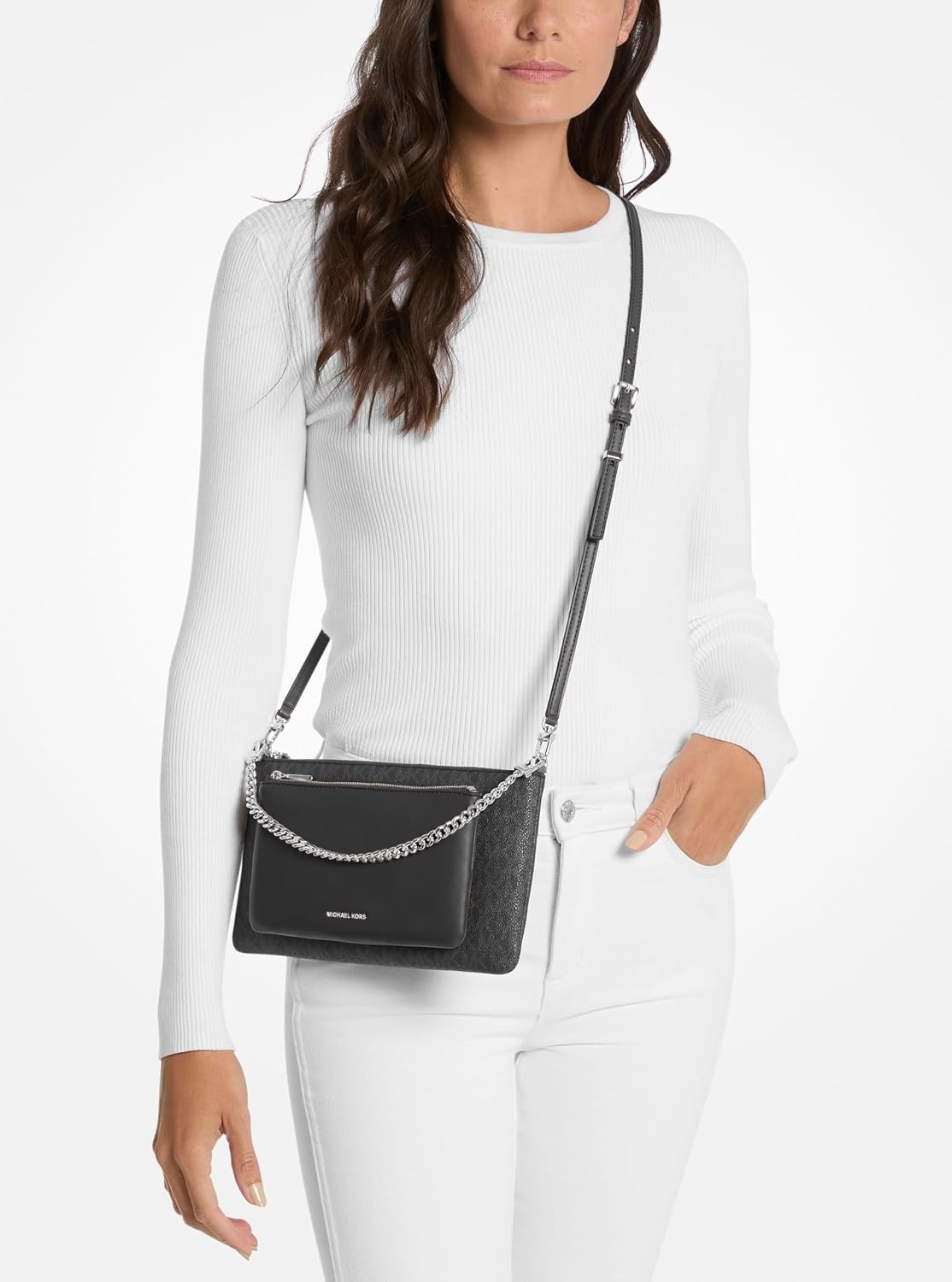 image:imageMichael Kors Jet Set Medium Pocket Convertible Crossbody BagSilvertone HardwareTonal Mk Signature Coated TwillBlack