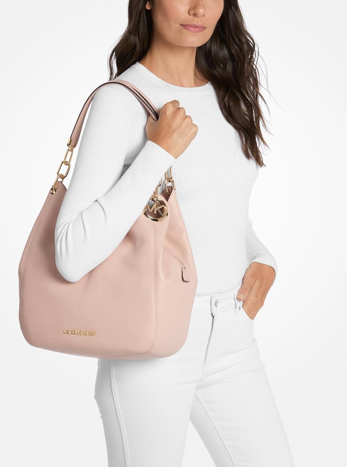 image:imageMichael Kors Lillie Large Chain Shoulder BagGoldtone HardwarePebble LeatherSoft Pink