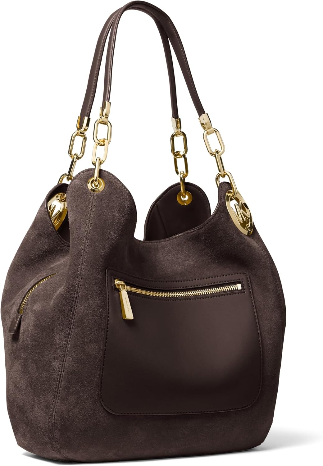 image:imageMichael Kors Lillie Large Chain Shoulder BagGoldtone HardwareSuede LeatherChocolate