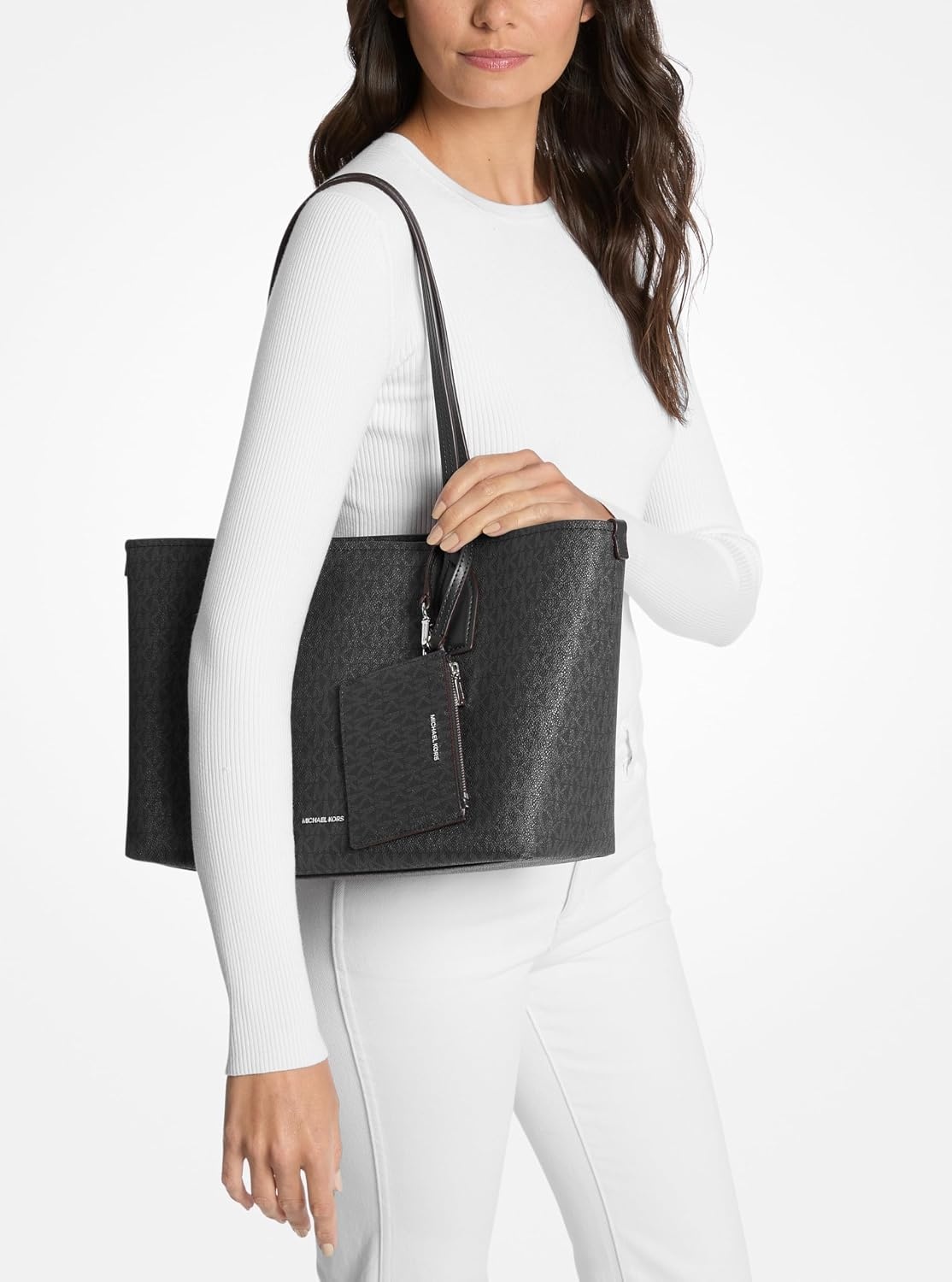 image:imageMichael Kors Womens Charlie Medium Tote With Zmall Zip CaseSilvertone HardwareTonal Mk Signature Coated TwillBlack