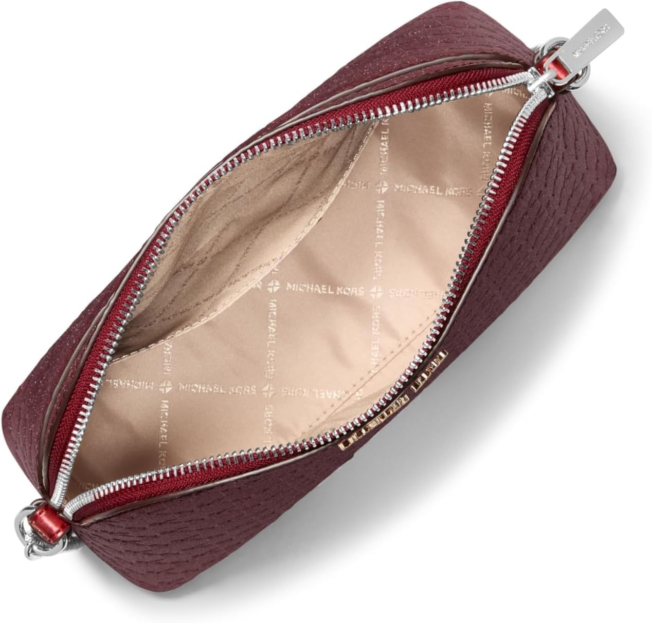 image:imageMichael Kors Womens Jet Set Dome Crossbody With Card CaseSilvertone HardwareMk Embossed GlitterOxblood