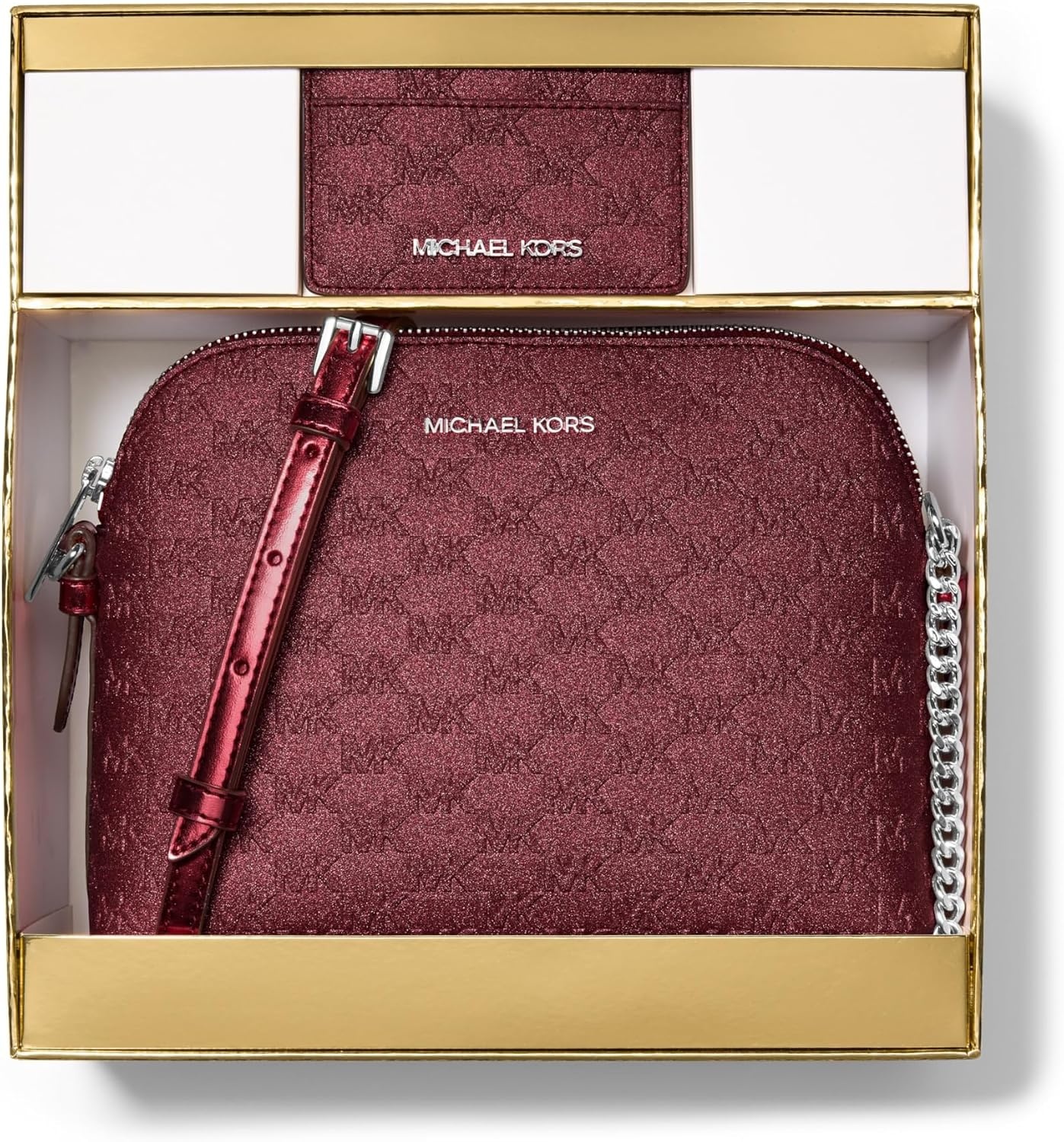 image:imageMichael Kors Womens Jet Set Dome Crossbody With Card CaseSilvertone HardwareMk Embossed GlitterOxblood