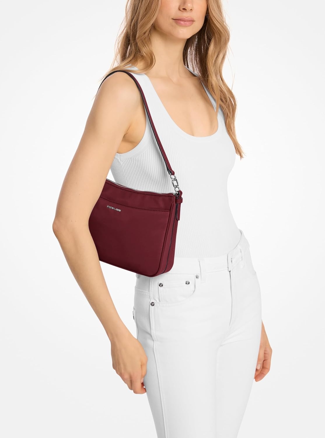 image:imageMichael Kors Womens Jet Set Top Zip Pochette Crossbody BagSilvertone HardwareMilano NylonOxblood