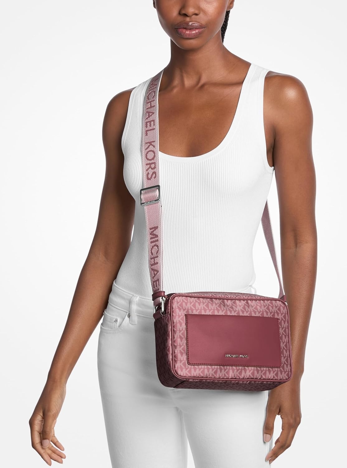 image:imageMichael Kors Womens Jet Set Webbing Strap Crossbody BagSilvertone HardwareTonal Mk Signature Nylon With Mk Logo WebbingOxblood