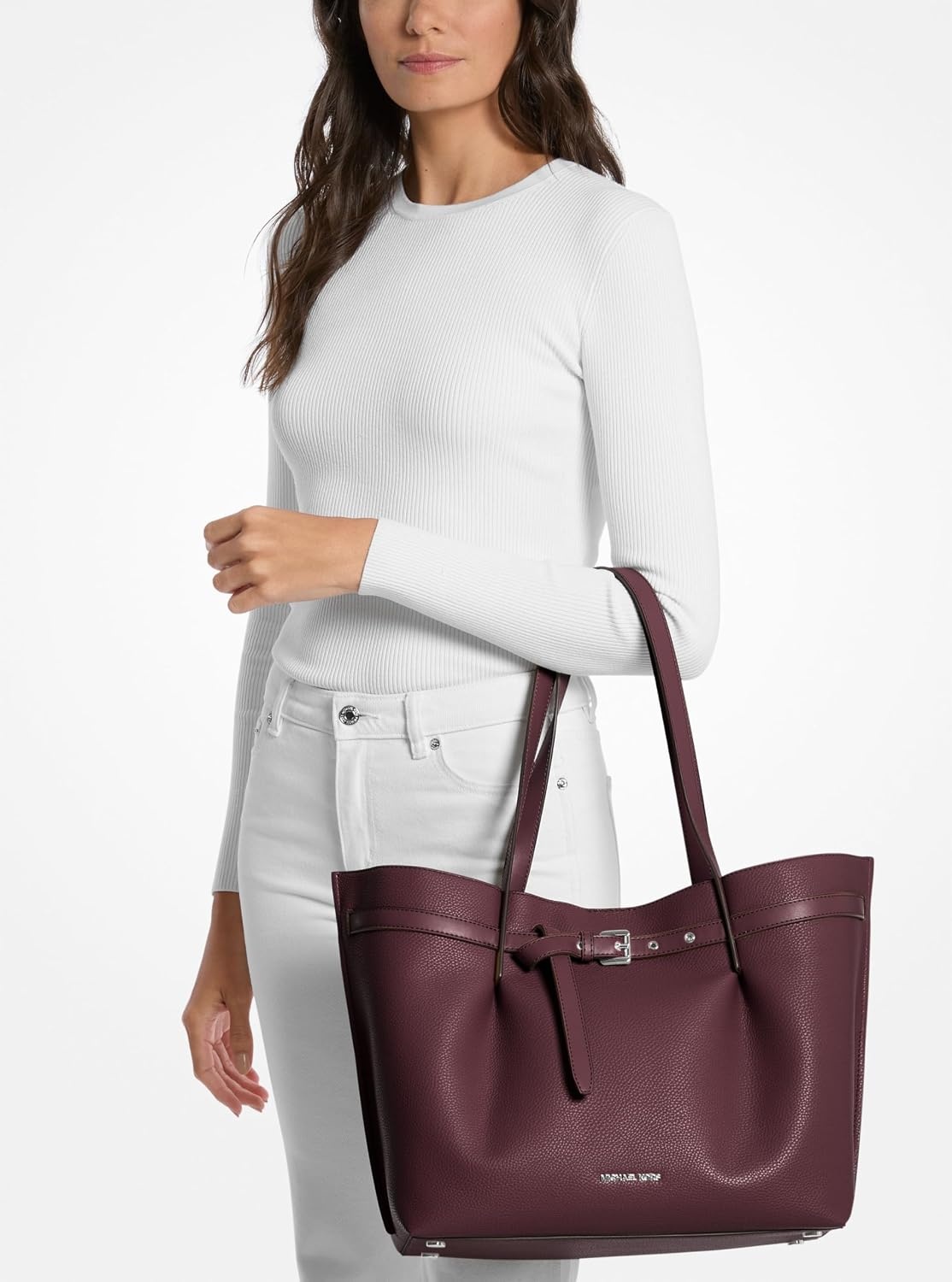 image:imageMichael Kors womens Emilia Large ToteSilvertone HardwarePebble LeatherOxblood