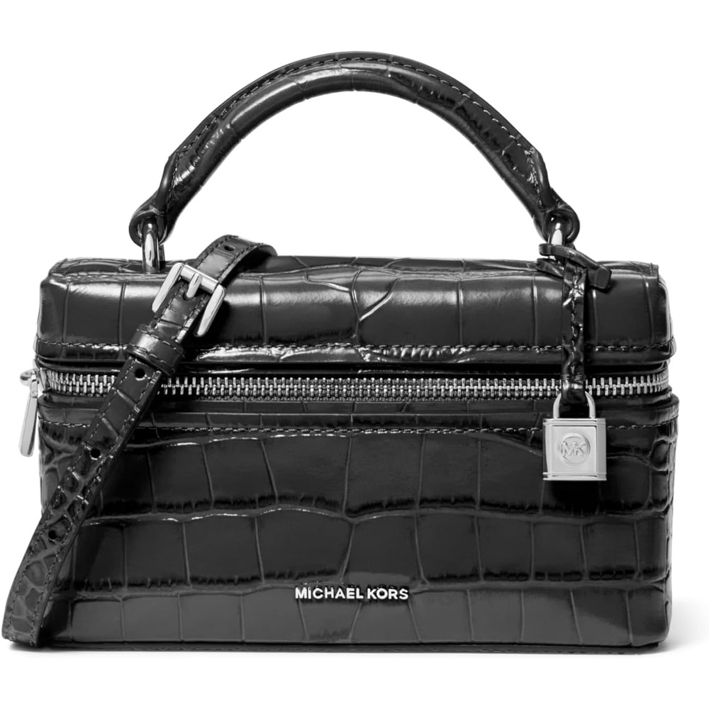 image:imageMichael Kors Jana Extra Small Top Handle Crossbody BagSilvertone HardwareCrocodile Embossed LeatherBlack