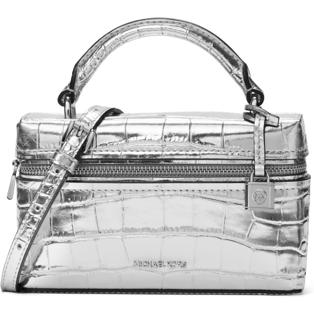 image:imageMichael Kors Jana Extra Small Top Handle Crossbody BagSilvertone HardwareMetallic Crocodile Embossed LeatherSilver