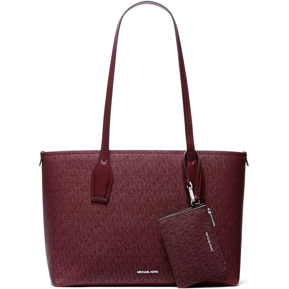 image:imageMichael Kors Womens Charlie Medium Tote With Zmall Zip CaseSilvertone HardwareTonal Mk Signature Coated TwillOxblood