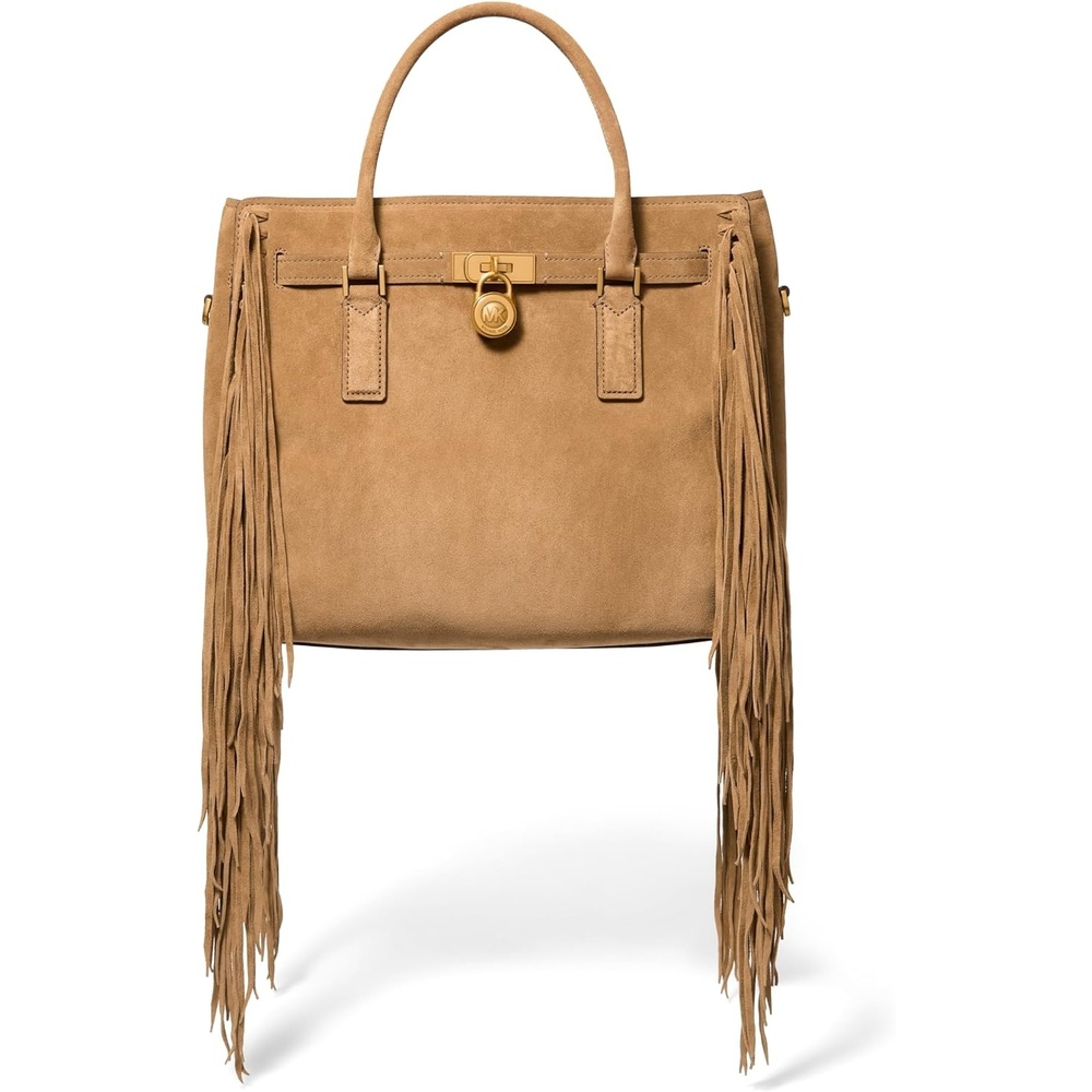 image:imageMichael Kors Womens Hamilton SatchelAntique Goldtone HardwareFringe SuedeHusk