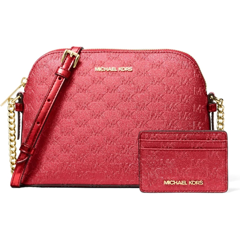 image:imageMichael Kors Womens Jet Set Dome Crossbody With Card CaseGoldtone HardwareMk Embossed GlitterCrimson
