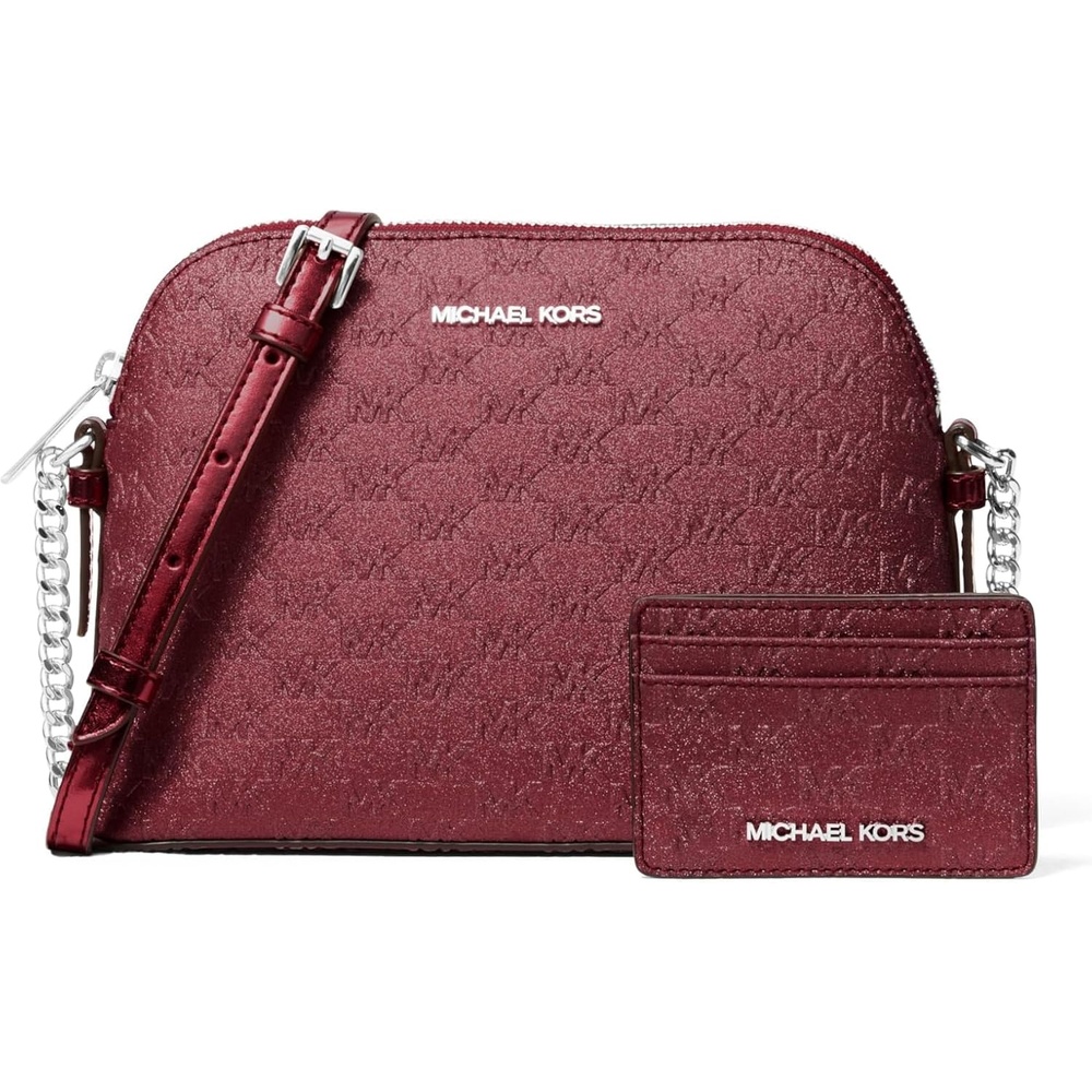 image:imageMichael Kors Womens Jet Set Dome Crossbody With Card CaseSilvertone HardwareMk Embossed GlitterOxblood