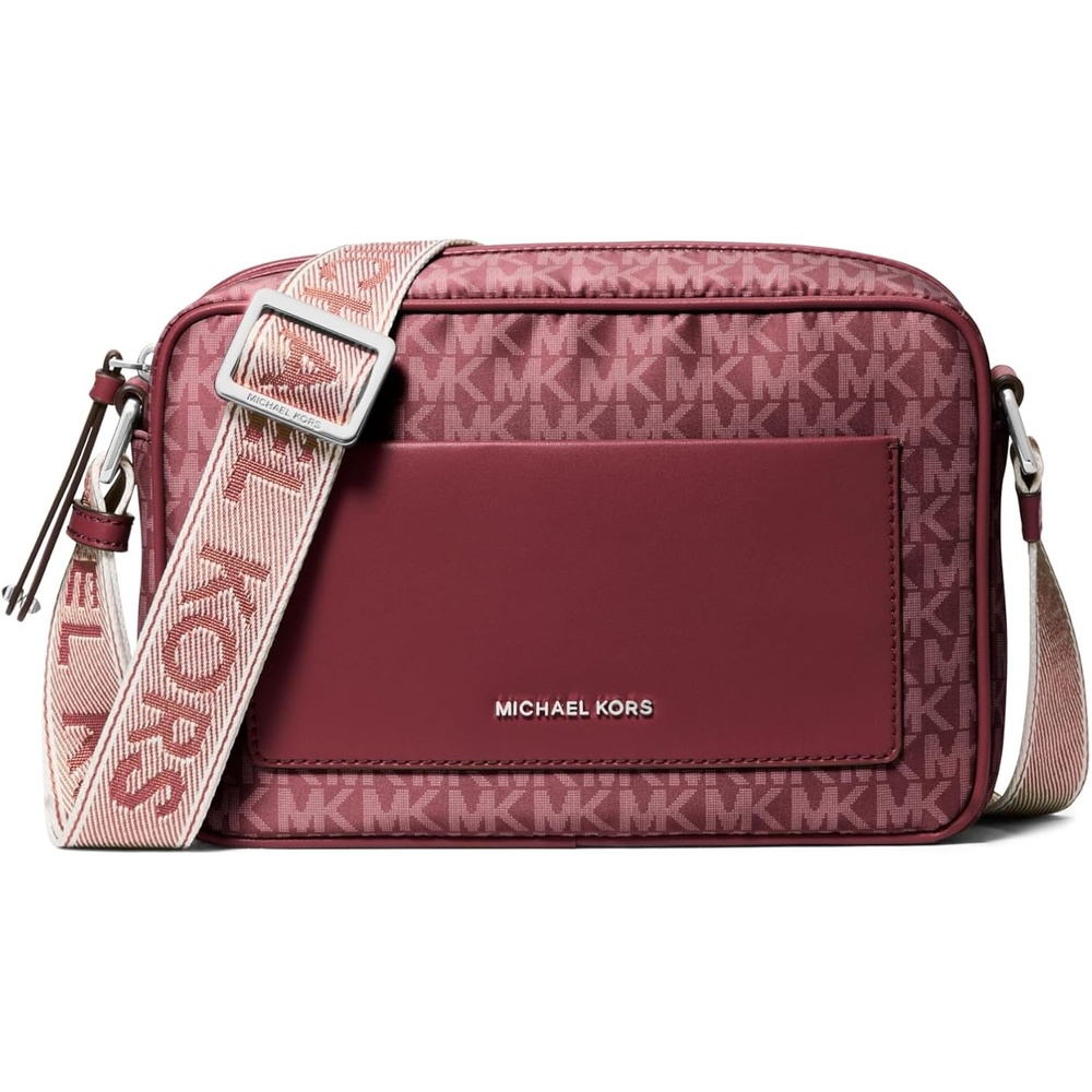 image:imageMichael Kors Womens Jet Set Webbing Strap Crossbody BagSilvertone HardwareTonal Mk Signature Nylon With Mk Logo WebbingOxblood