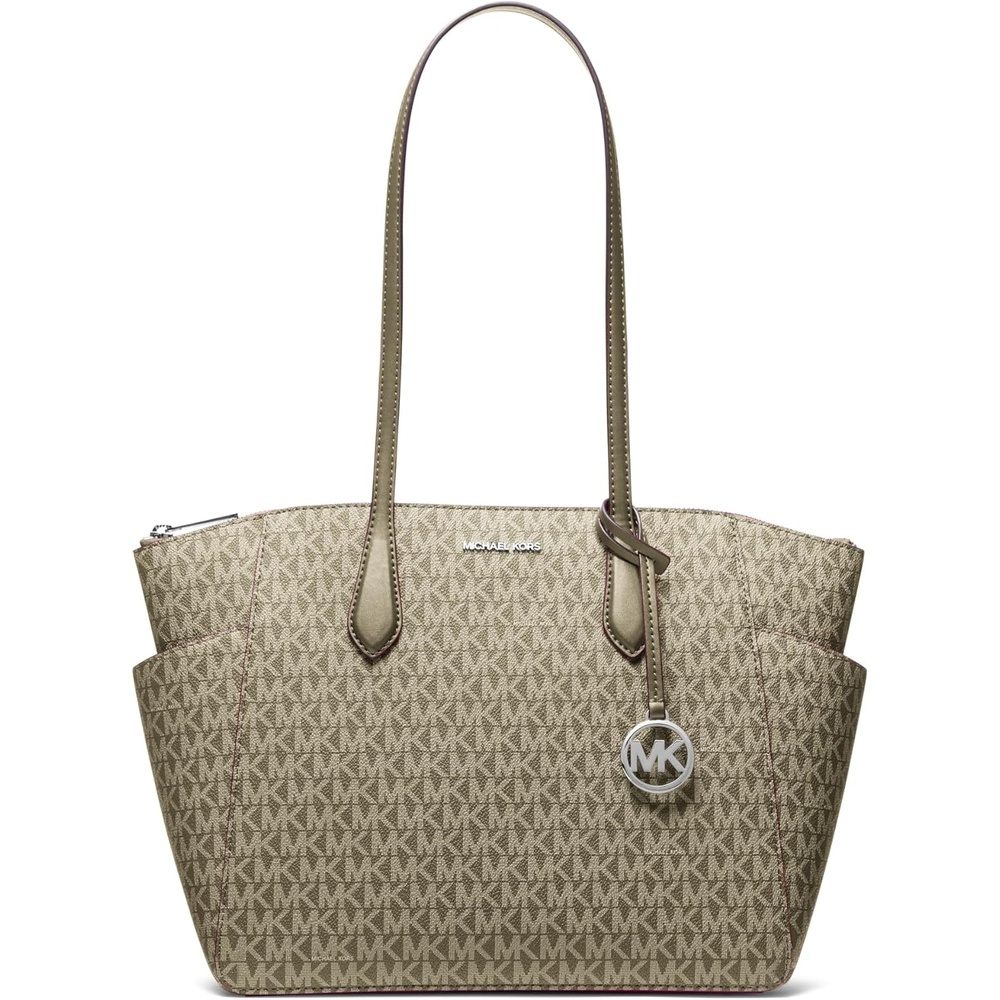 image:imageMichael Kors Womens Marilyn Medium Top Zip ToteSilvertone HardwareMk SignatureOlive