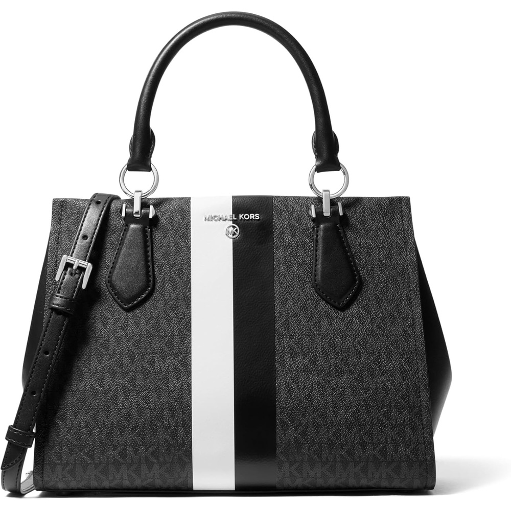 image:imageMichael Kors Womens Marilyn SatchelSilvertone HardwareBlackOptic White