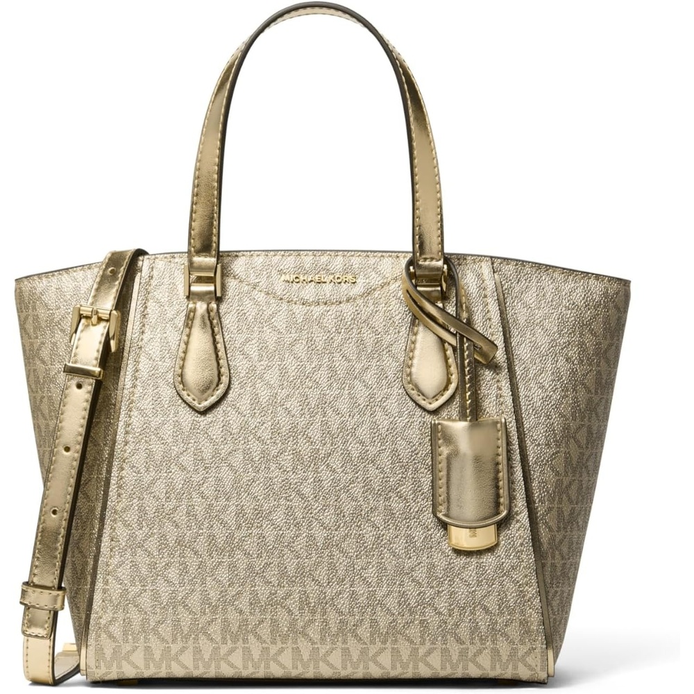 image:imageMichael Kors Womens Taryn Small Convertible Crossbody BagGoldtone HardwareMetallic Mk SignaturePale Gold