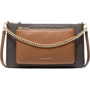Michael Kors Jet Set Medium Pocket Convertible Crossbody Bag(Gold-tone Hardware/Mk Signature Coated Twill/Brown/Acorn)