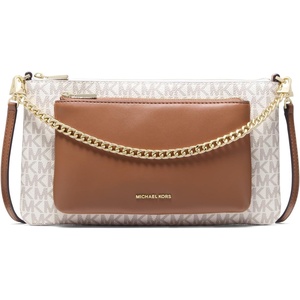 Michael Kors Jet Set Medium Pocket Convertible Crossbody Bag(Gold-tone Hardware/Mk Signature Coated Twill/Vanilla/Acorn)