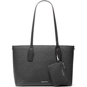 Michael Kors Women’s Charlie Medium Tote With Zmall Zip Case(Silver-tone Hardware/Tonal Mk Signature Coated Twill/Black)