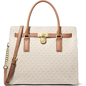 Michael Kors Women’s Hamilton Satchel(Gold-tone Hardware/Mk Signature Coated Twill/Vanilla/Acorn)