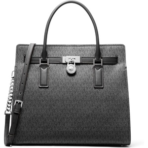 Michael Kors Women’s Hamilton Satchel(Silver-tone Hardware/Tonal Mk Signature Coated Twill/Black)