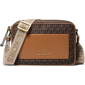 Michael Kors Women’s Jet Set Webbing Strap Crossbody Bag(Gold-tone Hardware/Mk Signature Nylon With Logo Webbing/Brown/Acorn)