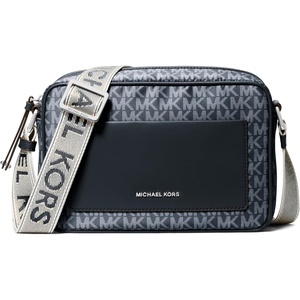 Michael Kors Women’s Jet Set Webbing Strap Crossbody Bag(Silver-tone Hardware/Tonal Mk Signature Nylon With Mk Logo Webbing/Admiral/Pale Blue)