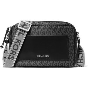 Michael Kors Women’s Jet Set Webbing Strap Crossbody Bag(Silver-tone Hardware/Tonal Mk Signature Nylon With Mk Logo Webbing/Black)